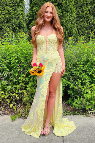 Yellow Sequin Split Neck Long Prom Dress with Slit MD092610