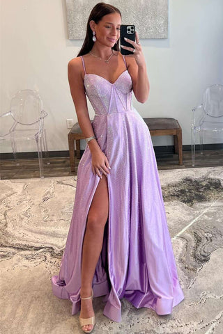 Lilac Satin Sweetheart A-Line Long Prom Dresses with Beads MD113006