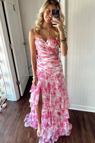 Mermaid Sweetheart Floral Printed Chiffon Pink Tiered Prom Dress DM24122607