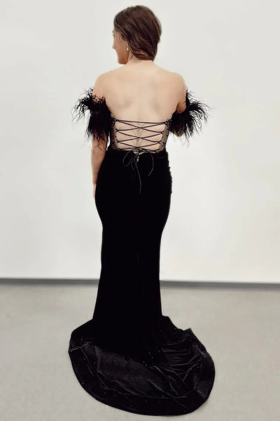Black Velvet Lace Off-the-Shoulder Long Formal Dress with Slit MD122310
