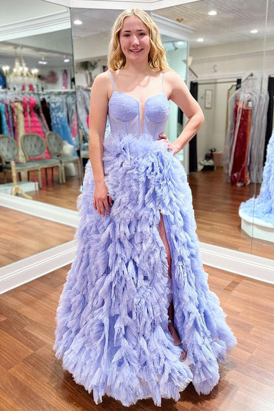 Glitter Lavender Sweetheart Ruffle Tiered Long Prom Dress with Slit MD4030505