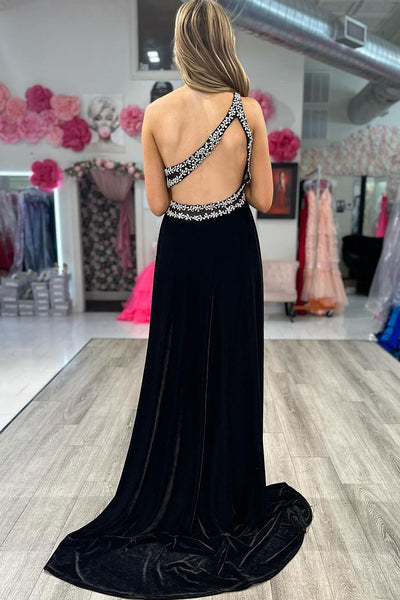 Black Velvet One Shoulder Long Prom Dress with Slit MD112602