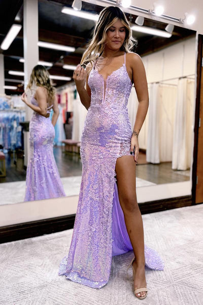 Lilac V Neck Sequin Lace Long Prom Dresses with Slit MD4010504