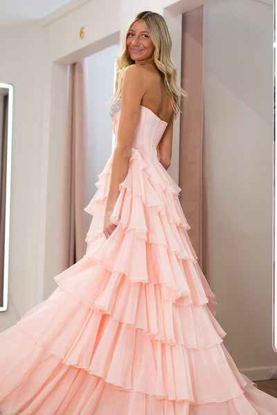 Strapless Pink Chiffon Ruffle Tiered Long Prom Dresses with Slit DM16021507