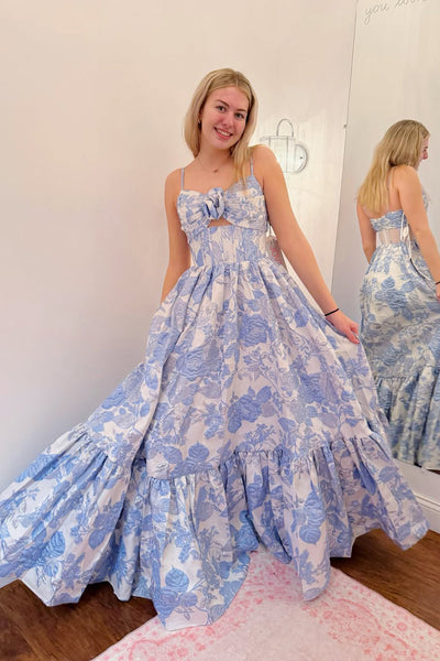 Cute A Line V Neck Blue Jacquard Satin Long Prom Dress DM26011503