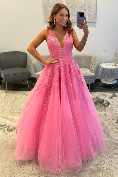 Gorgeous A Line V Neck Pink Tulle Long Prom Dress with Appliques DM52112701