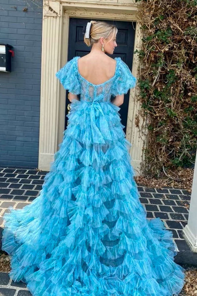 A-Line Sweetheart Blue Floral Printed Ruffle Tiered Tulle Long Prom Dress MD4051702