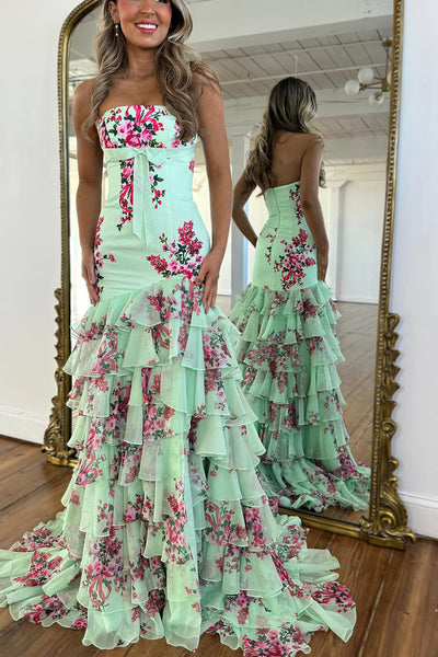 Mermaid Strapless Green Floral Chiffon Tiered Prom Dress DM26011501