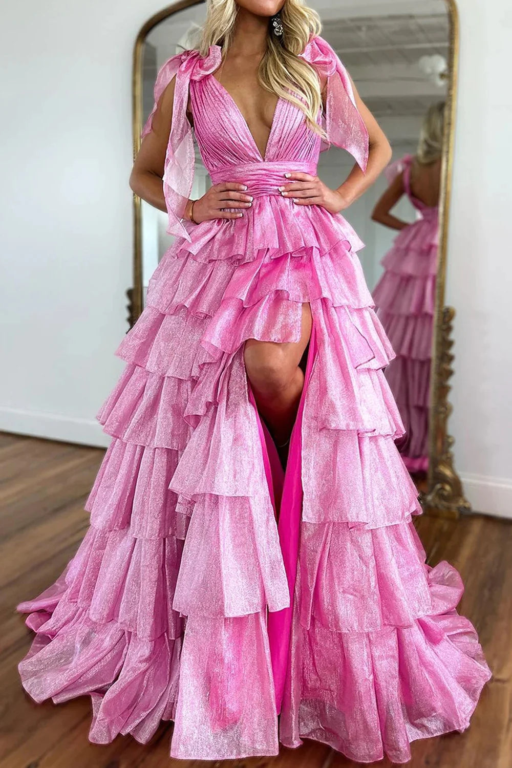 Cute Ball Gown V Neck Pink Tiered Long Prom Dress MD4013107