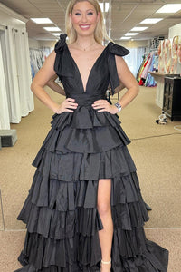 Black Plunge V Ruffle Tiered Ball Gown with Slit MD121602
