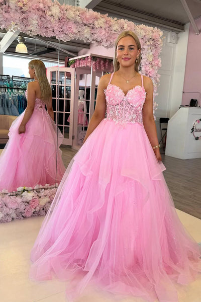 Fashion A Line V Neck Pink Tulle Prom Dress with Appliques DM1111401
