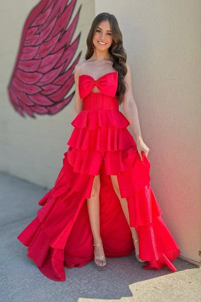 Gorgeous A Line Strapless Red Hot Fix satin Prom Dress with Slit DM16021102