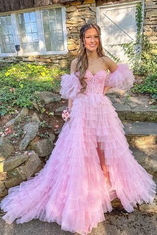 Fairy A Line V Neck Pink Tulle Long Prom Dresses with Appliques DM24101512