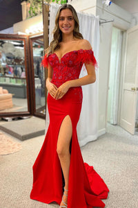 Red Off the Shoulder Sequin Lace Mermaid Prom Dresses with Feather MD4011101