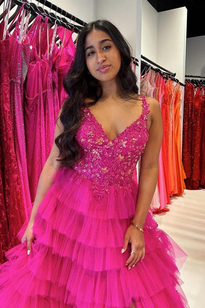 A-Line Fuchsia V Neck Ruffle Tiered Long Prom Dress with Slit MD4030601