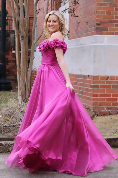 Fuchsia Off the Shoulder Tulle Long Prom Dresses MD4010806