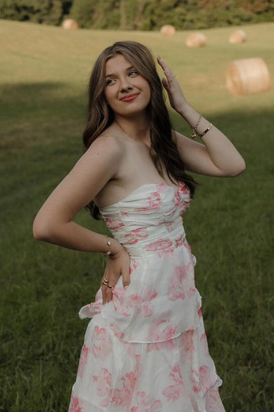 Cute A-Line Sweetheart Pink Floral Printed Layered Long Prom Dress DM25102807