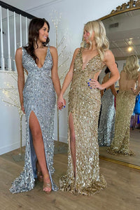 Mermaid V Neck Silver Sequins Long Prom Dress with Fringe MD4020801