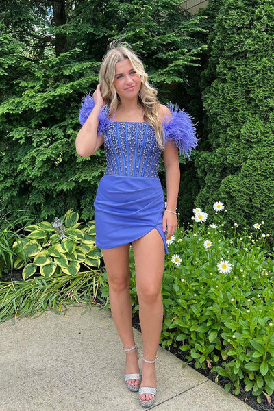 Bodycon Off the Shoulder Blue Beaded Short Homecoming Dresses with Feather MD4062401