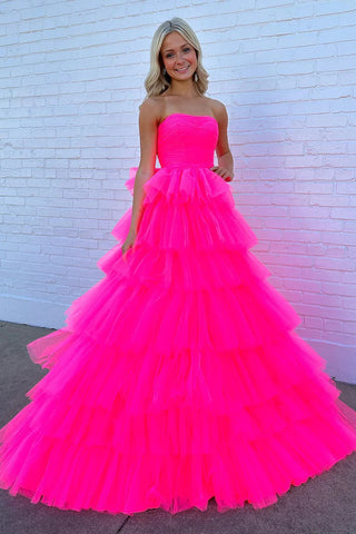 Hot Pink A-Line Strapless Tiered Tulle Long Prom Dress DM3082832