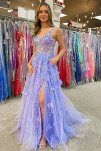 Lavender Tulle Appliques V-Neck A-Line Long Prom Dress with Slit MD121605