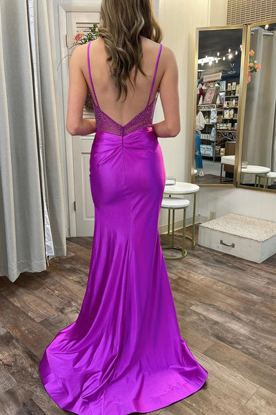 Magenta Hot Stone Spaghetti Strap Long Prom Dress with Slit MD122501