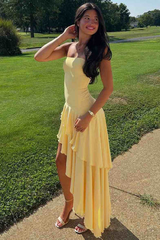 Chic Yellow Satin Ruffles High Low Long Prom Dress Evening Party Dress DM25101705