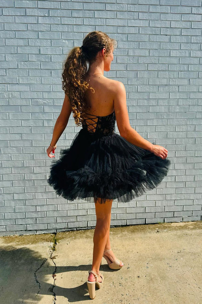 A Line Black Tulle Glitter Sweetheart Short Homecoming Dresses DM24091604 Dressmeet A Line Black Tulle Glitter Sweetheart Short Homecoming Dresses DM24091604 Dressmeet