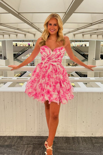 Pretty A Line Sweetheart Pink Floral Print Short Homecoming Dresses DM24080203