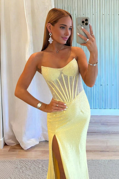 Sparkly Mermaid Scoop Neck Hot Fix Satin Prom Dress with Slit DM1613805