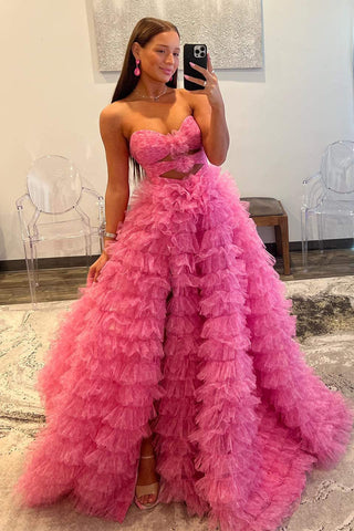 Strapless Hot Pink Keyhole Print Ruffle Tiered Prom Dress MD110309