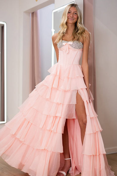 Strapless Pink Chiffon Ruffle Tiered Long Prom Dresses with Slit DM16021507
