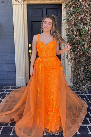 Orange Sweetheart Tulle Mermaid Long Prom Dresses with Appliques MD4010603