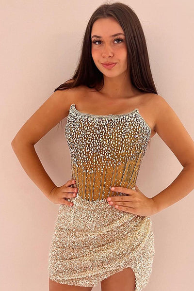 Cute Bodycon Strapless Gold Sequin Short Homecoming Dresses with Beading MD0802807