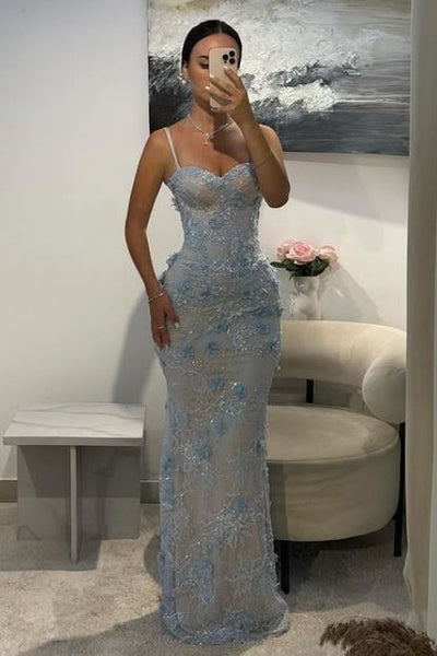 Blue Sweetheart Spaghetti Straps Lace Appliques Mermaid Long Prom Dress DM25102808