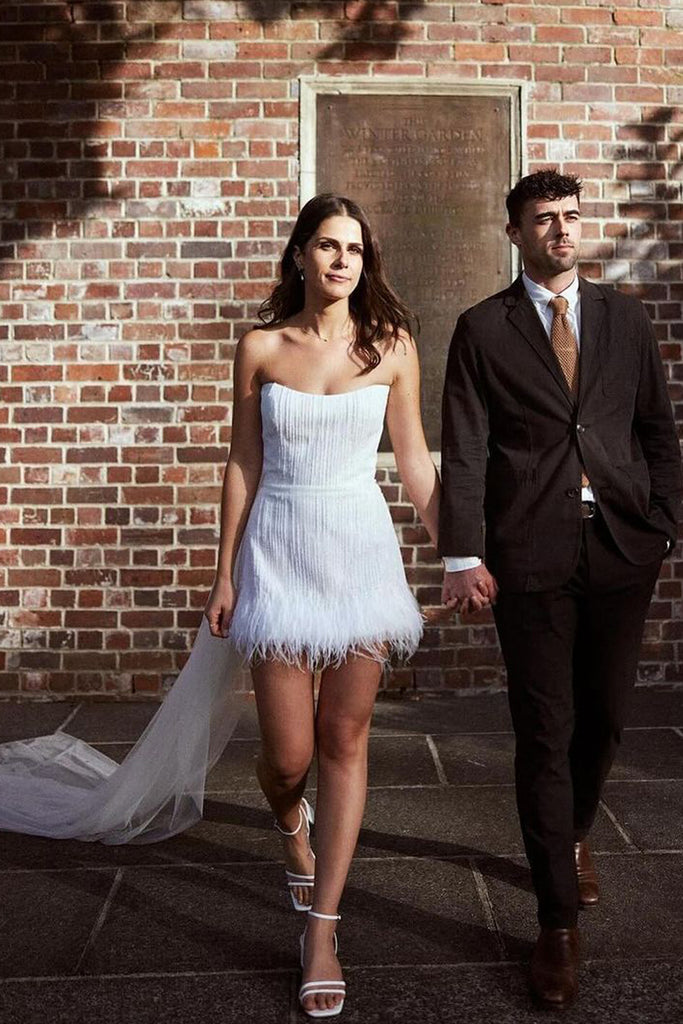 feather short wedding dress Short Beaded Wedding Dress. Mini Wedding Dress With Beads and Feathers. Luxurious Short Dress. Custom Short Wedding Dresses