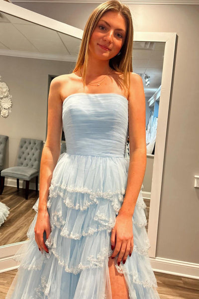 A-Line Strapless Light Blue Tulle Long Prom Dresses with Slit MD4013001