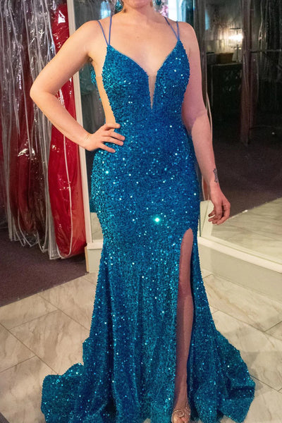 Blue Sequins Mermaid Long Prom Dress With Slit MD112901