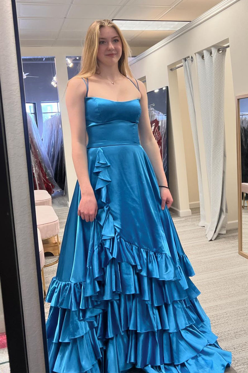 A-Line Scoop Neck Peacock Blue Ruffle Long Prom Dress MD4031701