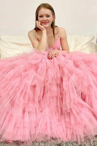 Pink Tulle High-Waist Tiered Long Prom Dress with Ruffles MD093010