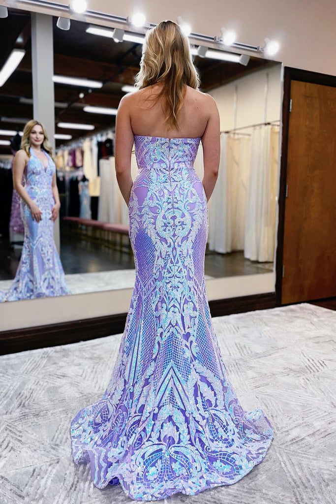 lavender lace mermaid prom dress Lavender Strapless Lace Ruched Mermaid Prom Dress with Slit Lavender / Custom Size