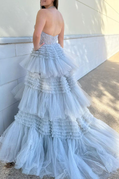 Grey Halter Tiered Tulle Long Prom Dresses with Appliques MD4011104
