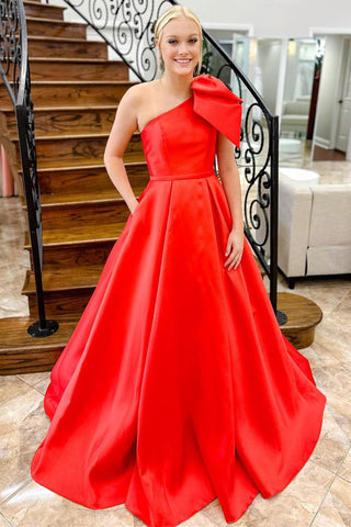 Red One Shoulder Bow Tie Satin Prom Dress with Pockets MD112706