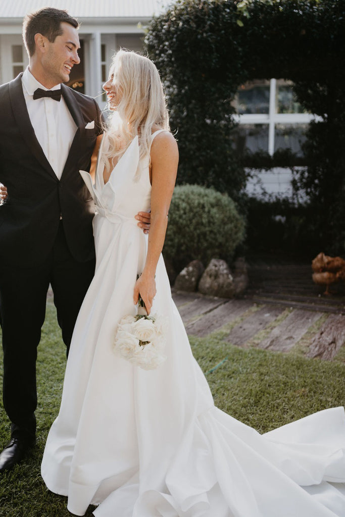 a line v neck satin wedding dress A Line Sexy V Neck Simple Satin Wedding Dress with Slit QW2530 US16 / White