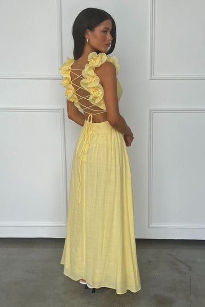Yellow V Neck A-Line Satin Long Prom Dress MD4041501
