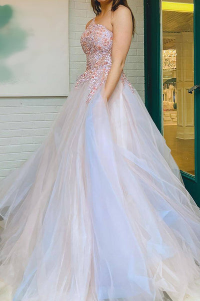 Gorgeous A Line One Shoulder Grey Pink Long Prom Dress with Appliques MD112310