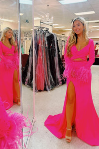 Sparkly Hot Pink Cut Out V-Neck Long Beaded Feathered Prom Dress MD4012301