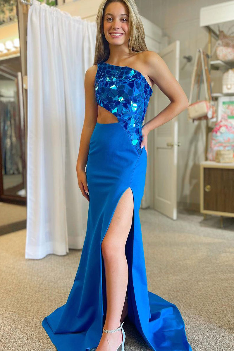 Charming Mermaid One Shoulder Royal Blue Beaded Long Prom Dress with Slit DM090706