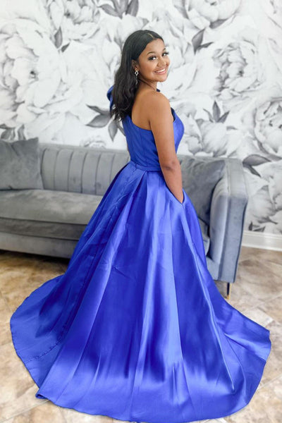 Royal Blue One Shoulder Bow Tie Satin Prom Dress with Pockets MD112707