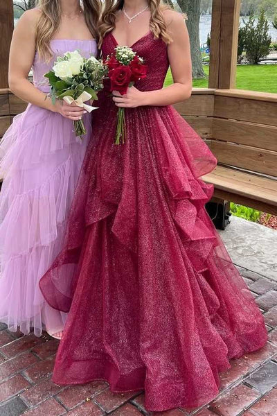 Glitter A-Line V Neck Burgundy Ruffle Long Prom Dresses Formal Gown DM25101706